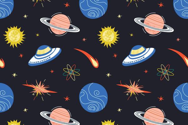Flat cartoon pattern of outer space in childish style. Planets, stars, UFO and meteors illustrations on dark background, astronomy, imagination, discovery, universe exploration, fantasy theme