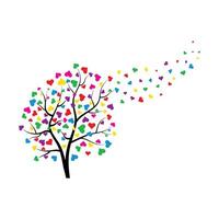 Colorful Heart Tree with Blowing Leaves Illustration. A stylized tree with black branches adorned with heart shaped leaves in a variety of bright colors. vector