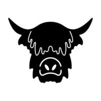 Highland Cow Head Silhouette. A highland cows head, instantly recognizable by its shaggy fringe, broad nose and long, upward curved horns. vector