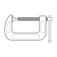 G-Clamp Industrial Tool with Screw Mechanism Outline Illustration. A detailed of the clamp, highlighting its curved frame, threaded screw mechanism, swivel pad and handle bar for tightening. vector