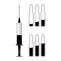 Medical Syringe with Ampoules Illustration. The ampoules are displayed in two rows, each containing varying levels of fluid. vector