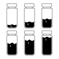 Set of Glass Bottles with Liquid Levels and Bubbles Illustration. Black and white illustration depicting a set of glass bottles filled with liquid at varying levels. vector