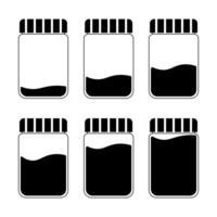 Jar Liquid Level Icons Set Illustration. A black and white illustration showing six jars with striped lids, each representing different liquid fill levels. vector