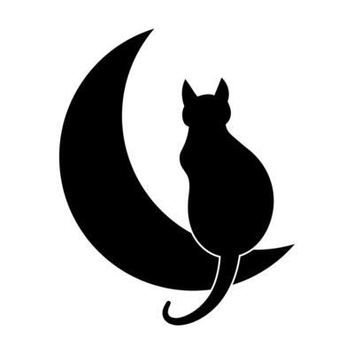 Silhouette of a Cat Sitting on a Crescent Moon Illustration. The minimalist black silhouette of a cat gracefully perched on a crescent moon.
