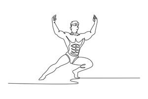 Continuous one line drawing undressed bodybuilder shows muscles of arms at competition. Muscular man showing off the pectoral muscles, abs and legs. Single line draw design graphic illustration vector