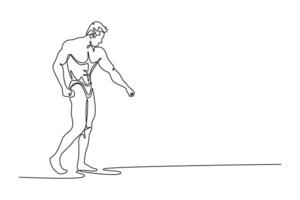 Continuous one line drawing professional bodybuilder with perfect abs, shoulders, biceps, triceps and chest. Strong man topless flexing his muscles. Single line draw design graphic illustration vector