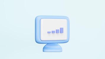 3D computer with magnifying glass, dollar coin, bar graph isolated on blue background. Ideal for web analytics, social media concepts. Represents internet, digital communication. video