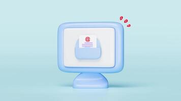 3D Computer monitor with envelope, at symbol isolated on blue background. notify newsletter, online social network, incoming email concept, minimal design, cartoon style, alpha channel. video