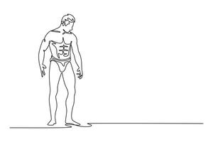 Continuous one line drawing bodybuilder posing in different poses demonstrating their muscles. Male showing muscle straining. Muscular body athlete. Single line draw design graphic illustration vector