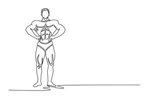 Single continuous line drawing bodybuilder with an ideal physique poses, showing off the pectoral muscles, abs and legs. Muscular man with naked torso. One line draw graphic design illustration vector