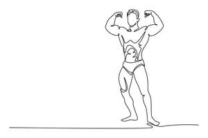 Single one line drawing professional male athlete in front double biceps pose in stage. Strong bodybuilder with arms up clenching fists. Modern continuous line draw design graphic illustration vector