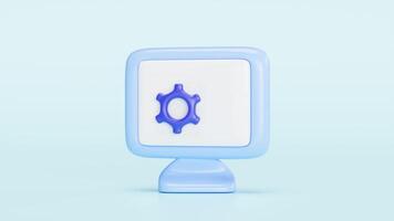 3d Computer monitor cartoon with gear isolated on blue background. minimal design video