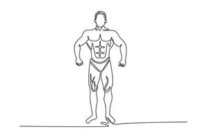 Continuous one line drawing shirtless muscular man doing classic bodybuilding pose. Bodybuilder posing different poses demonstrating their muscles. Single line draw design graphic illustration vector