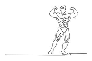 Continuous one line drawing attractive bodybuilder demonstrating double biceps poses at sports competition. Sportsman with arms up clenching fists. Single line draw design graphic illustration vector