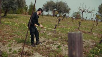Man During The Day Using The Hoe In The Farm video