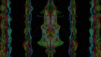 Psychedelic Symmetrical Abstract Art Animation Vibrant Digital Patterns and Shifting Colors on a Dark Background with Particle Effects video