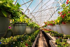 Rows of vibrant flowers in hanging pots and trays inside a bright greenhouse with a transparent roof and metal frame. photo
