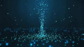 Blue tornado at the center of many particles twirling on the ground and flying in the air with light rays at the top center, horizontal composition. Standard speed. Loop animation footage for graphic video