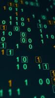 Green glowing binary matrix on a grid. Bokeh effect, vertical composition. Technology motion graphic. video