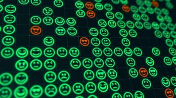 Green glowing emoji icons matrix on a grid abstract background, horizontal composition. Bokeh effect. Funny motion graphic. video