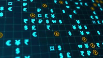 Blue and yellow glowing currency symbols matrix on a grid. Bokeh effect, horizontal composition. Finance motion graphic. video