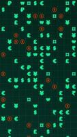 Green and orange glowing currency symbols matrix on a grid. Animated texture, vertical composition. Finance motion graphic. video