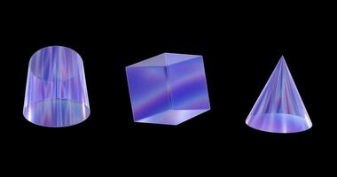 Set of 3 3d glass elements animation with aberration effect isolated on a black background. Blue tone. Standard speed. 3d element animation footage for graphic design. video