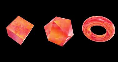 Set of 3 3d element animation with orange metal and mosaic tiles texture effects isolated on a black background. Standard speed. 3d element animation footage for graphic design. video