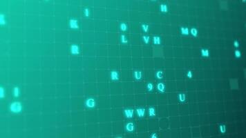 Teal glowing letters and numbers matrix abstract background, horizontal composition. Technology background. Slow version. video