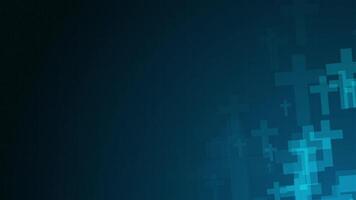 Blue cross symbol shapes are moving from the bottom right of a gradient grid abstract background, horizontal composition. Religion motion graphic. Loop animation footage for graphic design. video