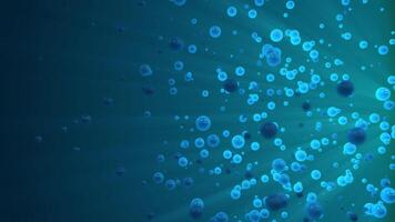 Blue 3d balls animation with light rays at the right on a dark background, horizontal composition. Standard speed. Animation footage for graphic design. video