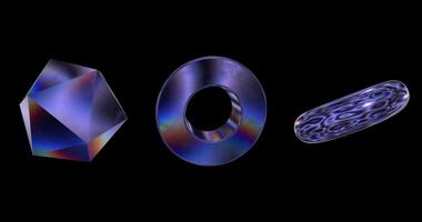 Set of 3 3d element animation with dark blue metal and rainbow effects isolated on a black background. Standard speed. 3d element animation footage for graphic design. video