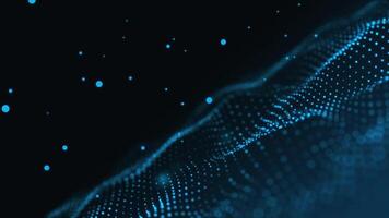 Blue glowing circles particles wave at the bottom right and flying in the air on a dark abstract background, bokeh effect, horizontal composition. Loop animation footage for graphic design. video