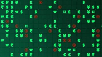 Green and orange glowing currency symbols matrix on a grid. Animated texture, horizontal composition. Finance motion graphic. video