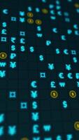 Blue and yellow glowing currency symbols matrix on a grid. Bokeh effect, vertical composition. Finance motion graphic. video