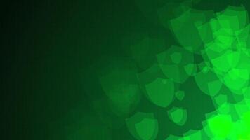 Green shield shapes are moving from the bottom right of a gradient grid abstract background, horizontal composition. Futuristic motion graphic. Loop animation footage for graphic design. video