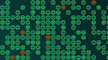 Green glowing emoji icons matrix on a grid. Texture animation, horizontal composition. Funny motion graphic. video