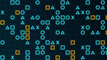 Blue and yellow glowing shapes matrix on a grid. Animated texture, horizontal composition. Technology motion graphic. video