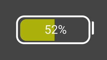 Animated battery charging bar with changing colors from red to yellow to green, showing percentage indicator. Ideal for energy, power, charging, and tech UI visuals. video