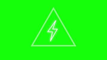 Triangular high voltage warning icon with a bold lightning symbol on green screen video