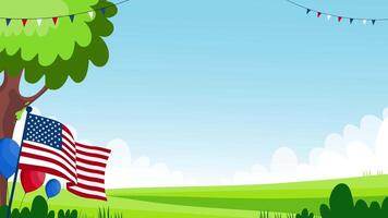 Tree and Grassland with Waving American Flags and Blue Sky video
