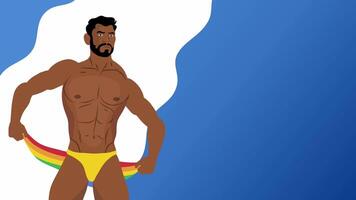 Confident Man in Yellow Trunks Against Blue and White Background video