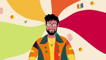 Joyful Man in Yellow and Orange Jacket in Front of Rainbow Wind video