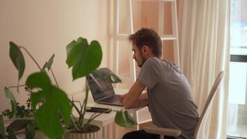 A young man works intently on a sleek laptop in a sunlit, beautifully designed workspace with vibrant plants, showcasing a blend of productivity and a serene, creative environment video