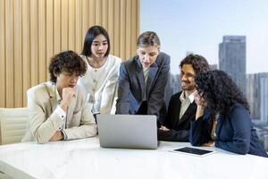 Caucasian woman sale manager is showing annual report chart to colleague in executive meeting for next year plan with market share increase for global business and investment photo