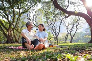 Senior asian couple having summer picnic in public park while holding hand together for love, longevity and healthy marriage relationship usage photo