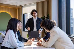 Caucasian man sale manager is presenting the new project to colleagues in executive meeting for next year plan with market share increase for global business and investment photo