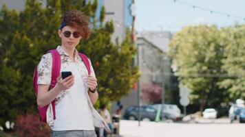 Tourist traveler Caucasian man using smartphone looking for search a way on map in mobile navigator video