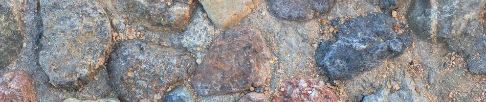 Close up stone pavement banner featuring weathered gray cobblestones with dark natural patterns. Ideal for interior or exterior design projects or textured wall displays photo