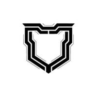 Tech Shield Minimalist Black White Digital Badge, Futuristic . vector